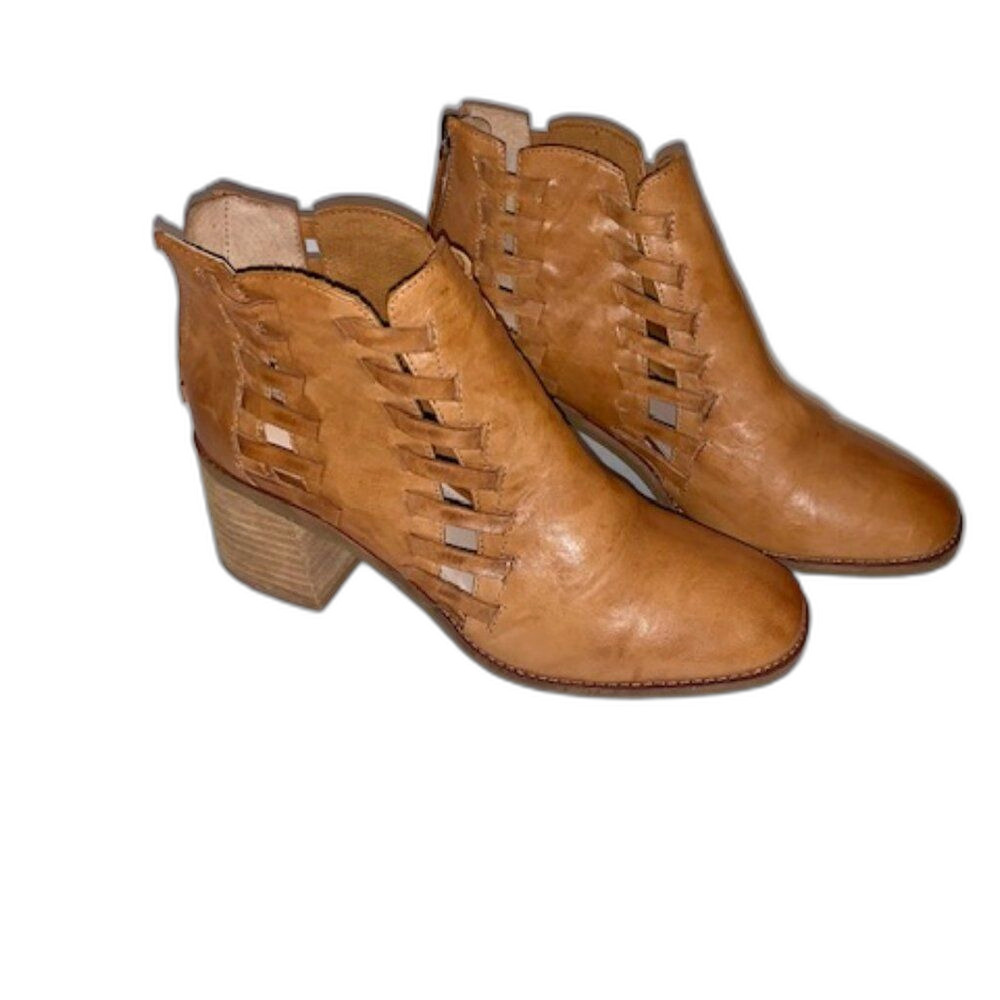 Kelsi Dagger Tan Braided Cutout Ankle Booties